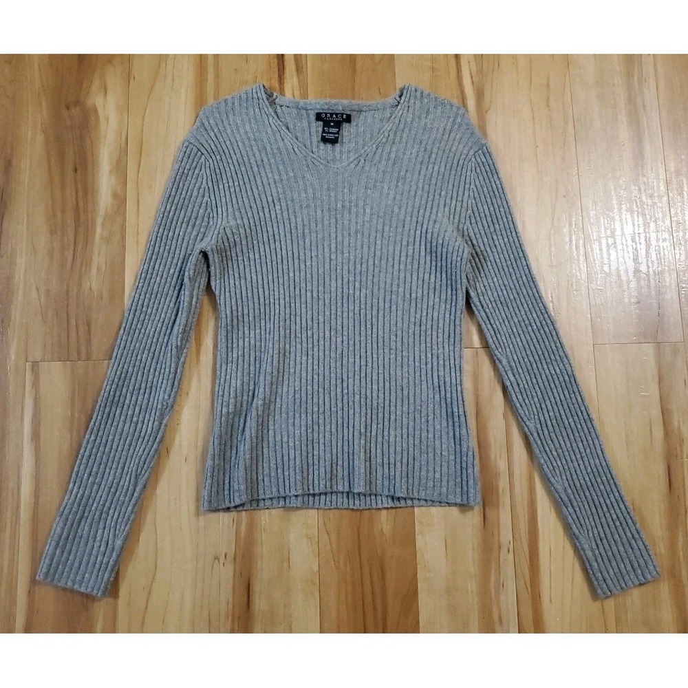 Grace Cashmere Women's Medium‎ Ribbed Knit Sweater Gray Long Sleeve